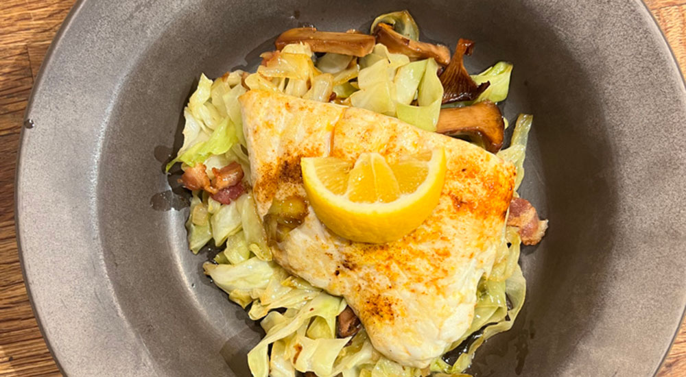 Pan Seared Cali Halibut over Sauteéd Cabbage